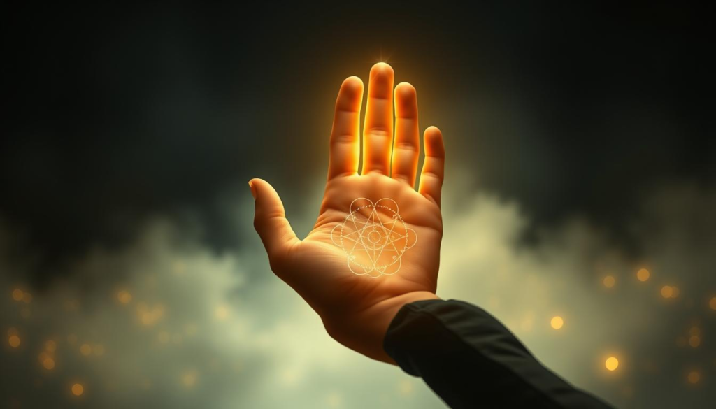 A serene scene featuring a pair of hands gently holding a glowing palm, showcasing intricate lines and symbols representing palmistry. In the foreground, the hands are positioned delicately in a symmetrical manner, emanating a soft golden aura that enhances the mystical atmosphere. The background fades into a misty, celestial landscape illuminated by ethereal light, creating a sense of peace and introspection. The lighting is soft and diffused, emphasizing the contours of the hands and the palm's details while maintaining a dreamlike quality. This image evokes a mood of self-discovery and emotional connection, embodying the essence of self-awareness through palmistry. The composition should avoid any distortion, focusing on clarity and calmness. A serene scene featuring a pair of hands gently holding a glowing palm, showcasing intricate lines and symbols representing palmistry. In the foreground, the hands are positioned delicately in a symmetrical manner, emanating a soft golden aura that enhances the mystical atmosphere. The background fades into a misty, celestial landscape illuminated by ethereal light, creating a sense of peace and introspection. The lighting is soft and diffused, emphasizing the contours of the hands and the palm's details while maintaining a dreamlike quality. This image evokes a mood of self-discovery and emotional connection, embodying the essence of self-awareness through palmistry. The composition should avoid any distortion, focusing on clarity and calmness.