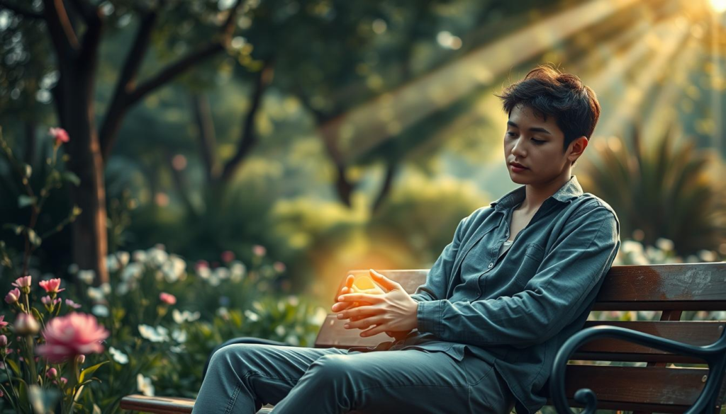 A serene scene illustrating emotional sensitivity, featuring a person seated on a wooden bench in a tranquil park, surrounded by blooming flowers and gentle greenery. The foreground highlights the individual, dressed in modest casual clothing, with contemplative facial expressions conveying vulnerability and introspection. In the middle, soft focus on their hands resting gently in their lap, adorned with a subtle golden aura. The background showcases flowing sunlight filtering through the leaves, creating a mystical celestial light effect, enhancing the atmosphere of warmth and connection. The composition is symmetrical, with a pleasing depth of field, employing soft lighting to evoke a sense of peace and emotional depth, all while maintaining a professional and safe environment. A serene scene illustrating emotional sensitivity, featuring a person seated on a wooden bench in a tranquil park, surrounded by blooming flowers and gentle greenery. The foreground highlights the individual, dressed in modest casual clothing, with contemplative facial expressions conveying vulnerability and introspection. In the middle, soft focus on their hands resting gently in their lap, adorned with a subtle golden aura. The background showcases flowing sunlight filtering through the leaves, creating a mystical celestial light effect, enhancing the atmosphere of warmth and connection. The composition is symmetrical, with a pleasing depth of field, employing soft lighting to evoke a sense of peace and emotional depth, all while maintaining a professional and safe environment.