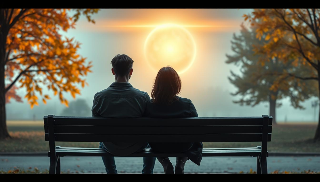 A serene, soft-focused scene depicting two individuals sitting on a park bench, facing away from each other, symbolizing emotional distance. In the foreground, their body language is tense; hands are clenched while their shoulders are slightly turned away, highlighting a barrier. The middle ground features vibrant autumn trees, their leaves gently falling, representing change and the passage of time. The background reveals a misty landscape illuminated by a mystical celestial light, casting a golden aura that envelops the scene, enhancing the mood of introspection. Use a wide-angle lens to capture the intimacy of the moment, while soft, diffused lighting adds to the emotional depth. Aim for a symmetrical composition that draws the eye towards the central figures, maintaining a sense of calm yet poignant atmosphere. A serene, soft-focused scene depicting two individuals sitting on a park bench, facing away from each other, symbolizing emotional distance. In the foreground, their body language is tense; hands are clenched while their shoulders are slightly turned away, highlighting a barrier. The middle ground features vibrant autumn trees, their leaves gently falling, representing change and the passage of time. The background reveals a misty landscape illuminated by a mystical celestial light, casting a golden aura that envelops the scene, enhancing the mood of introspection. Use a wide-angle lens to capture the intimacy of the moment, while soft, diffused lighting adds to the emotional depth. Aim for a symmetrical composition that draws the eye towards the central figures, maintaining a sense of calm yet poignant atmosphere.