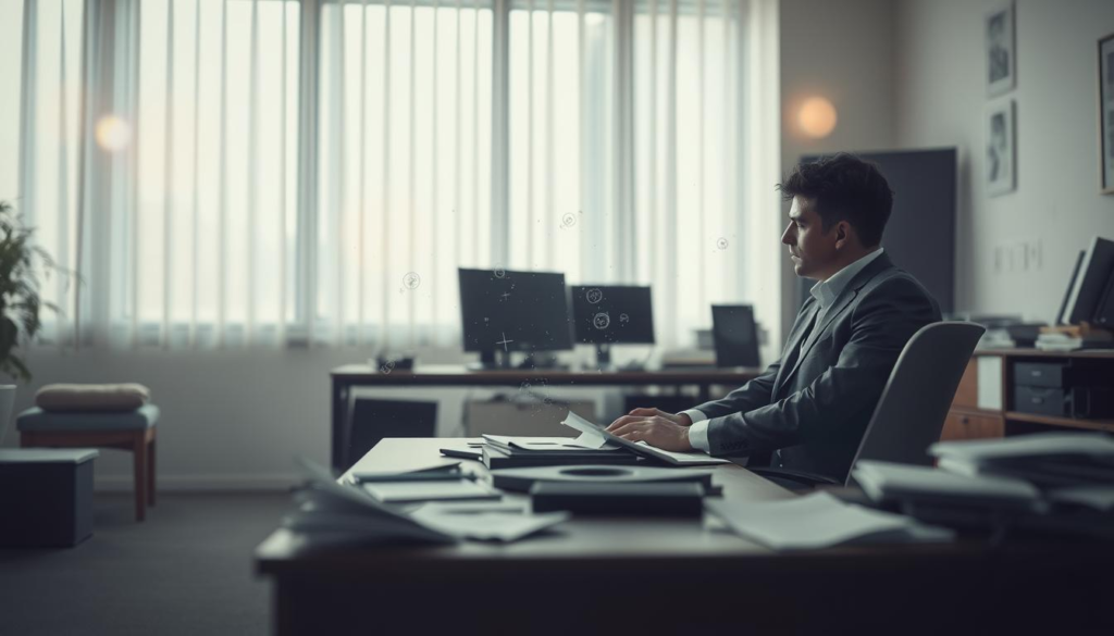 A serene yet contemplative scene depicting an office environment subtly illustrating the symptoms of poor grounding. In the foreground, a professional figure dressed in modest business attire sits at a desk, looking overwhelmed and distracted, with papers scattered around indicating disorganization. In the middle ground, faint images of swirling energy patterns and muted colors surround the figure, symbolizing a sense of energetic drift and instability. In the background, soft, diffused daylight filters through a window, creating a calming atmosphere yet contrasting the chaos in the foreground. A slight lens flare adds a touch of ethereal quality, enhancing the feeling of disconnection from one's energy. Overall, the mood conveys a sense of struggle while still providing an air of hope for reconnection.