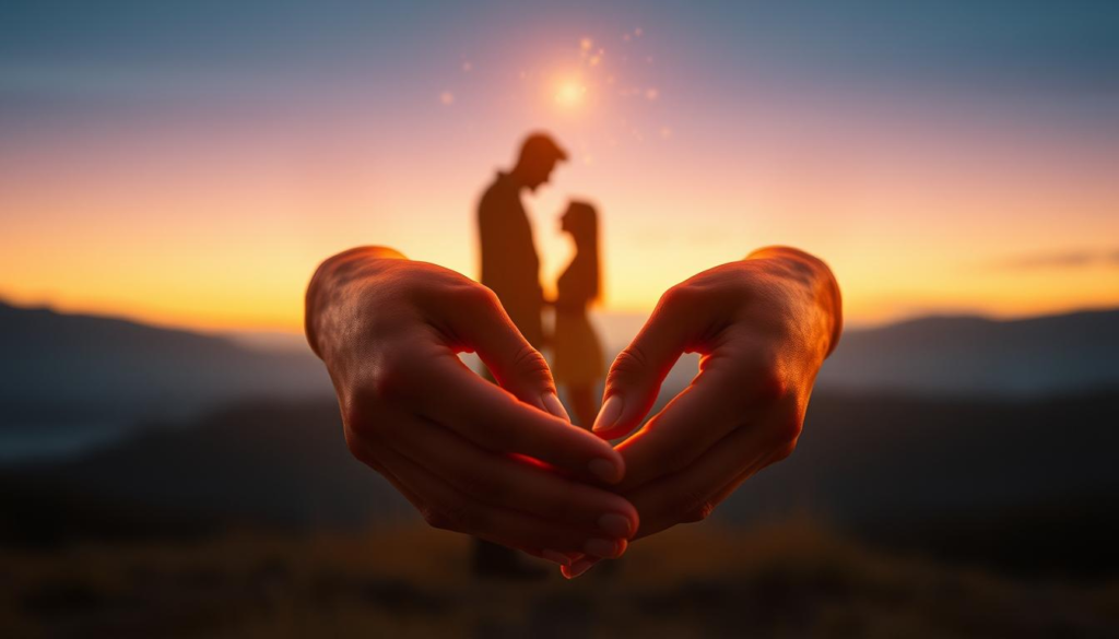 A soft-focus image depicting the concept of emotional attachment. In the foreground, a pair of hands gently intertwined, symbolizing connection and intimacy, adorned with a delicate golden aura that enhances their warmth. The middle ground features a blurred silhouette of two figures, standing close, their faces softly illuminated by mystical celestial light, suggesting mutual understanding and shared emotions. The background is a serene landscape of gentle hills under a twilight sky, creating a peaceful atmosphere. The lighting is warm and inviting, emphasizing the warmth of the emotional bond, with a symmetrical composition that evokes harmony. This image should reflect a sense of depth and connection, resonating with the theme of understanding emotional attachment in relationships. A soft-focus image depicting the concept of emotional attachment. In the foreground, a pair of hands gently intertwined, symbolizing connection and intimacy, adorned with a delicate golden aura that enhances their warmth. The middle ground features a blurred silhouette of two figures, standing close, their faces softly illuminated by mystical celestial light, suggesting mutual understanding and shared emotions. The background is a serene landscape of gentle hills under a twilight sky, creating a peaceful atmosphere. The lighting is warm and inviting, emphasizing the warmth of the emotional bond, with a symmetrical composition that evokes harmony. This image should reflect a sense of depth and connection, resonating with the theme of understanding emotional attachment in relationships.