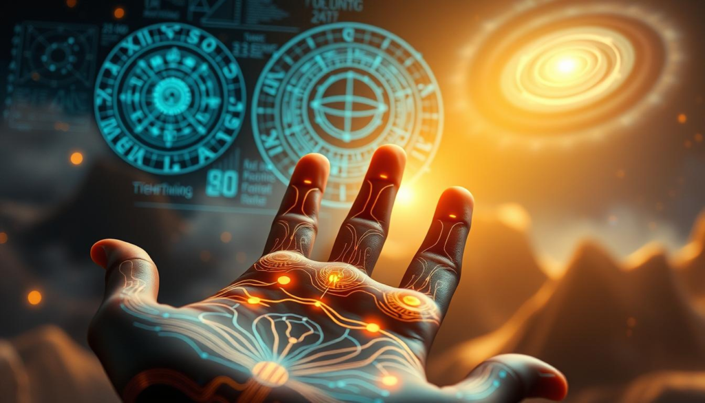 A surreal depiction of palmistry infused with artificial intelligence elements. In the foreground, a close-up of a hand with elegant, intricate palm lines illustrated with glowing circuit patterns and symbols, symbolizing technology. In the middle ground, a holographic projection of astrological charts and data analytics, merging with traditional palmistry literature, exuding an aura of wisdom and innovation. The background features a softly blurred cosmic landscape with swirling stars and a mistical celestial light that casts a warm, golden glow over the scene, creating an enchanting atmosphere. The composition is symmetrical and sharp, captured with a shallow depth of field and soft-focus effect, emphasizing the harmony between age-old practices and modern technology. The overall mood is one of exploration and enlightenment. A surreal depiction of palmistry infused with artificial intelligence elements. In the foreground, a close-up of a hand with elegant, intricate palm lines illustrated with glowing circuit patterns and symbols, symbolizing technology. In the middle ground, a holographic projection of astrological charts and data analytics, merging with traditional palmistry literature, exuding an aura of wisdom and innovation. The background features a softly blurred cosmic landscape with swirling stars and a mistical celestial light that casts a warm, golden glow over the scene, creating an enchanting atmosphere. The composition is symmetrical and sharp, captured with a shallow depth of field and soft-focus effect, emphasizing the harmony between age-old practices and modern technology. The overall mood is one of exploration and enlightenment.