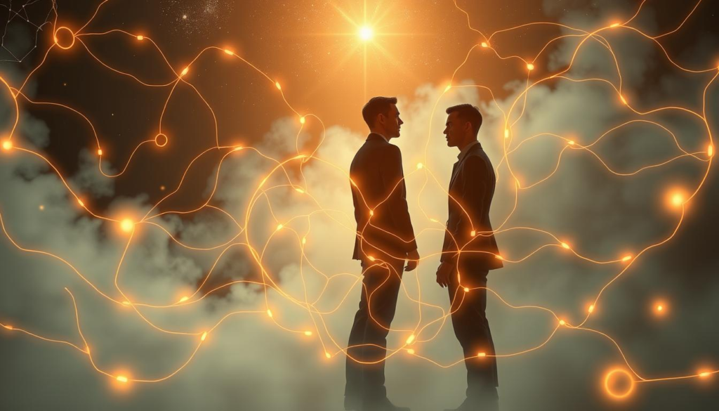 A surreal illustration of subconscious patterns influencing relationship dynamics. In the foreground, intertwining abstract shapes and flowing lines symbolize emotional connections and thought patterns, softly glowing with a golden aura. In the middle ground, two figures dressed in professional business attire stand back-to-back, their silhouettes merging with the patterns, representing the tension and harmony in relationships. The background features ethereal mist and celestial light, creating a dreamy atmosphere that emphasizes the depth of the subconscious. The overall mood is introspective and reflective, with a soft focus that enhances the mystical quality of the scene. The composition is symmetrical, invoking a sense of balance and interconnectedness in love choices. The lighting is warm and inviting, highlighting the woven complexities of human desire and connection. A surreal illustration of subconscious patterns influencing relationship dynamics. In the foreground, intertwining abstract shapes and flowing lines symbolize emotional connections and thought patterns, softly glowing with a golden aura. In the middle ground, two figures dressed in professional business attire stand back-to-back, their silhouettes merging with the patterns, representing the tension and harmony in relationships. The background features ethereal mist and celestial light, creating a dreamy atmosphere that emphasizes the depth of the subconscious. The overall mood is introspective and reflective, with a soft focus that enhances the mystical quality of the scene. The composition is symmetrical, invoking a sense of balance and interconnectedness in love choices. The lighting is warm and inviting, highlighting the woven complexities of human desire and connection.