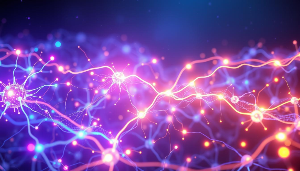 A surreal representation of "energetic attraction neurology," showcasing an abstract visualization of neural networks intertwined with vibrant energy waves. In the foreground, luminous synapses pulse with electric colors—blues, purples, and golds—symbolizing connection and attraction. The middle layer features softly glowing paths weaving through a network of neurons, illustrating the complex interactions of energy. The background fades into a gradient of deep indigo, dotted with stars, evoking a sense of cosmic and universal energy. The overall lighting is ethereal, with soft glows radiating from the synapses, creating a harmonious atmosphere that conveys curiosity and enlightenment. The composition is designed with a slightly elevated angle, giving depth to the intricate layers without any human subjects or text elements.