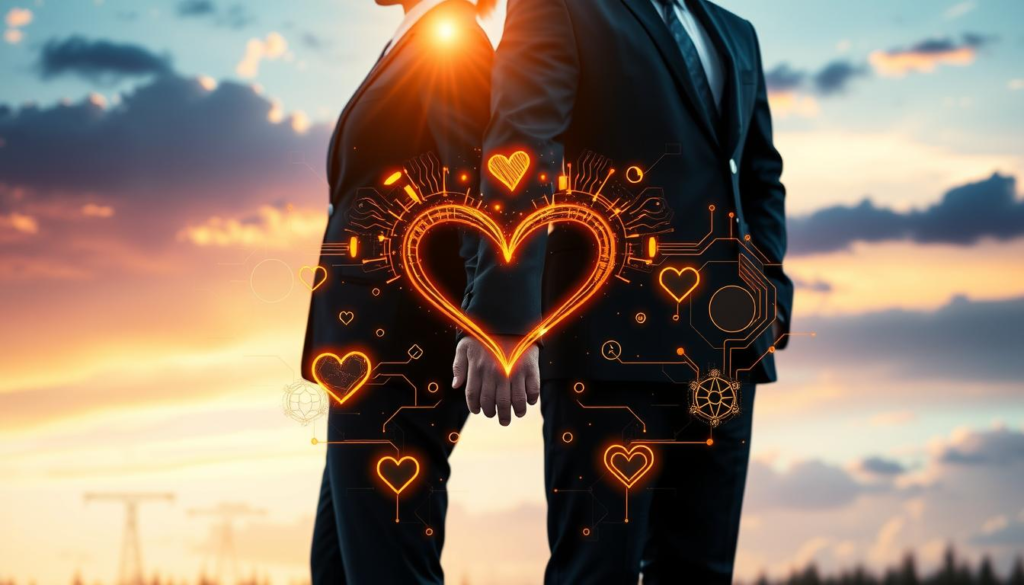 A visually captivating representation of "relationship energy," featuring two figures in professional business attire, standing back-to-back in a serene landscape. The foreground showcases their intertwined hands radiating a mystical golden aura, symbolizing connection and unity. In the middle ground, a soft focus highlights a blend of traditional symbols of love, like hearts and infinity signs, merging seamlessly with modern elements such as glowing circuit patterns, emphasizing the theme of technology. The background portrays a tranquil sunset, with celestial light filtering through clouds, casting warm reflections. The composition is symmetrical, inviting a sense of harmony and balance, and the overall mood is uplifting and inspirational, evoking a feeling of deep emotional resonance and interconnectedness. A visually captivating representation of "relationship energy," featuring two figures in professional business attire, standing back-to-back in a serene landscape. The foreground showcases their intertwined hands radiating a mystical golden aura, symbolizing connection and unity. In the middle ground, a soft focus highlights a blend of traditional symbols of love, like hearts and infinity signs, merging seamlessly with modern elements such as glowing circuit patterns, emphasizing the theme of technology. The background portrays a tranquil sunset, with celestial light filtering through clouds, casting warm reflections. The composition is symmetrical, inviting a sense of harmony and balance, and the overall mood is uplifting and inspirational, evoking a feeling of deep emotional resonance and interconnectedness.