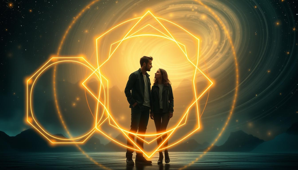 A visually captivating representation of relationship patterns illuminated by mystical celestial light. In the foreground, intertwining geometric shapes symbolizing cycles and connection, softly glowing with a golden aura. The middle layer features silhouettes of two figures in modest casual attire, looking towards each other, conveying understanding and empathy, set against a backdrop of abstract swirling patterns that represent emotional evolution. The background showcases a serene cosmic landscape with softly focused stars and light, enhancing the themes of continuity and growth. The overall mood is reflective and harmonious, inviting viewers to contemplate the intricate nature of human relationships. The image should capture a dreamlike atmosphere, emphasizing balance and symmetry, with a soft focus that creates a sense of calm. A visually captivating representation of relationship patterns illuminated by mystical celestial light. In the foreground, intertwining geometric shapes symbolizing cycles and connection, softly glowing with a golden aura. The middle layer features silhouettes of two figures in modest casual attire, looking towards each other, conveying understanding and empathy, set against a backdrop of abstract swirling patterns that represent emotional evolution. The background showcases a serene cosmic landscape with softly focused stars and light, enhancing the themes of continuity and growth. The overall mood is reflective and harmonious, inviting viewers to contemplate the intricate nature of human relationships. The image should capture a dreamlike atmosphere, emphasizing balance and symmetry, with a soft focus that creates a sense of calm.