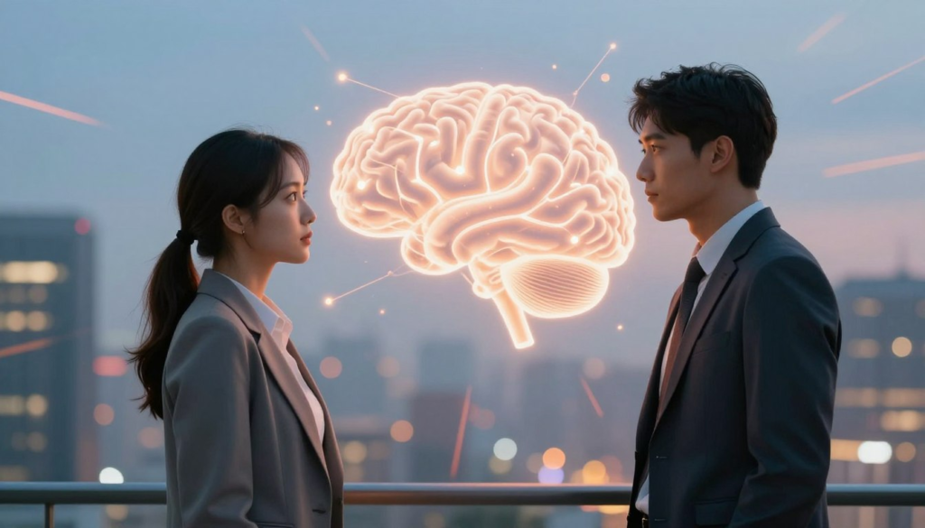 A visually striking illustration of the neurological responses to instant attraction. In the foreground, two figures dressed in professional business attire stand facing each other, their expressions reflecting curiosity and intrigue. Their surroundings are filled with soft, abstract light bursts of blue and warm orange, symbolizing brain activity and attraction. In the middle ground, a stylized representation of a brain glows subtly, with neural pathways illuminated, indicating connection and chemistry. The background features a blurred cityscape, suggesting a realistic yet dynamic environment that enhances the mood of immediate connection. The scene is illuminated with soft, diffused lighting to create an inviting atmosphere, captured with a slight tilt to evoke a sense of movement and energy between the two subjects. A visually striking illustration of the neurological responses to instant attraction. In the foreground, two figures dressed in professional business attire stand facing each other, their expressions reflecting curiosity and intrigue. Their surroundings are filled with soft, abstract light bursts of blue and warm orange, symbolizing brain activity and attraction. In the middle ground, a stylized representation of a brain glows subtly, with neural pathways illuminated, indicating connection and chemistry. The background features a blurred cityscape, suggesting a realistic yet dynamic environment that enhances the mood of immediate connection. The scene is illuminated with soft, diffused lighting to create an inviting atmosphere, captured with a slight tilt to evoke a sense of movement and energy between the two subjects.
