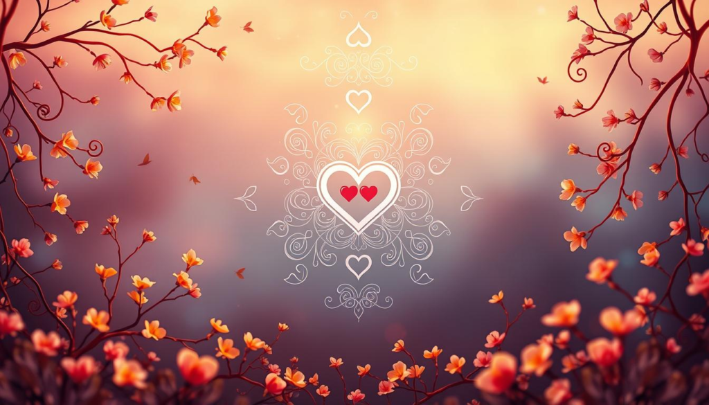 A visually stunning representation of "love patterns," featuring intricately designed heart motifs and swirling, abstract shapes in soft pastel colors. In the foreground, delicate, intertwining vines adorned with small blossoms create a sense of connection and intimacy. The middle ground showcases symmetrical patterns, where hearts and other romantic symbols blend harmoniously, illuminated by a mistical celestial light that adds a golden aura to the scene. In the background, a soft-focus gradient of warm colors transitions to a serene twilight, enhancing the mood of warmth and understanding. The composition should evoke a feeling of serenity and positivity, with gentle lighting to create an inviting atmosphere. Ensure no text or additional elements disrupt the visual flow, focusing solely on the essence of love and relationship dynamics. A visually stunning representation of "love patterns," featuring intricately designed heart motifs and swirling, abstract shapes in soft pastel colors. In the foreground, delicate, intertwining vines adorned with small blossoms create a sense of connection and intimacy. The middle ground showcases symmetrical patterns, where hearts and other romantic symbols blend harmoniously, illuminated by a mistical celestial light that adds a golden aura to the scene. In the background, a soft-focus gradient of warm colors transitions to a serene twilight, enhancing the mood of warmth and understanding. The composition should evoke a feeling of serenity and positivity, with gentle lighting to create an inviting atmosphere. Ensure no text or additional elements disrupt the visual flow, focusing solely on the essence of love and relationship dynamics.