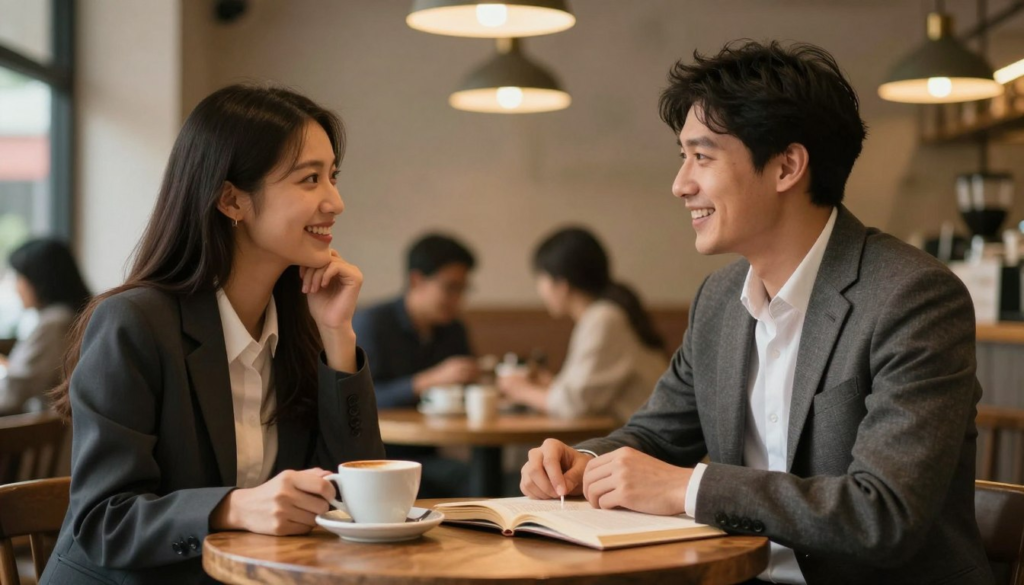 A warm, inviting coffee shop scene capturing two individuals, a man and a woman, sharing a moment of instant chemistry. The foreground features them engaged in conversation, smiling, with their eyes locked in connection. Both are dressed in professional business attire, radiating approachability. In the middle ground, a rustic wooden table is adorned with coffee cups and an open book, symbolizing shared interests. The background showcases soft, ambient lighting from overhead pendant lamps, creating a cozy atmosphere, while blurred patrons add depth. The use of a shallow depth of field accentuates the couple’s interaction, evoking a sense of intimacy and excitement. The overall mood is warm and uplifting, emphasizing the mysterious allure of first impressions. A warm, inviting coffee shop scene capturing two individuals, a man and a woman, sharing a moment of instant chemistry. The foreground features them engaged in conversation, smiling, with their eyes locked in connection. Both are dressed in professional business attire, radiating approachability. In the middle ground, a rustic wooden table is adorned with coffee cups and an open book, symbolizing shared interests. The background showcases soft, ambient lighting from overhead pendant lamps, creating a cozy atmosphere, while blurred patrons add depth. The use of a shallow depth of field accentuates the couple’s interaction, evoking a sense of intimacy and excitement. The overall mood is warm and uplifting, emphasizing the mysterious allure of first impressions.