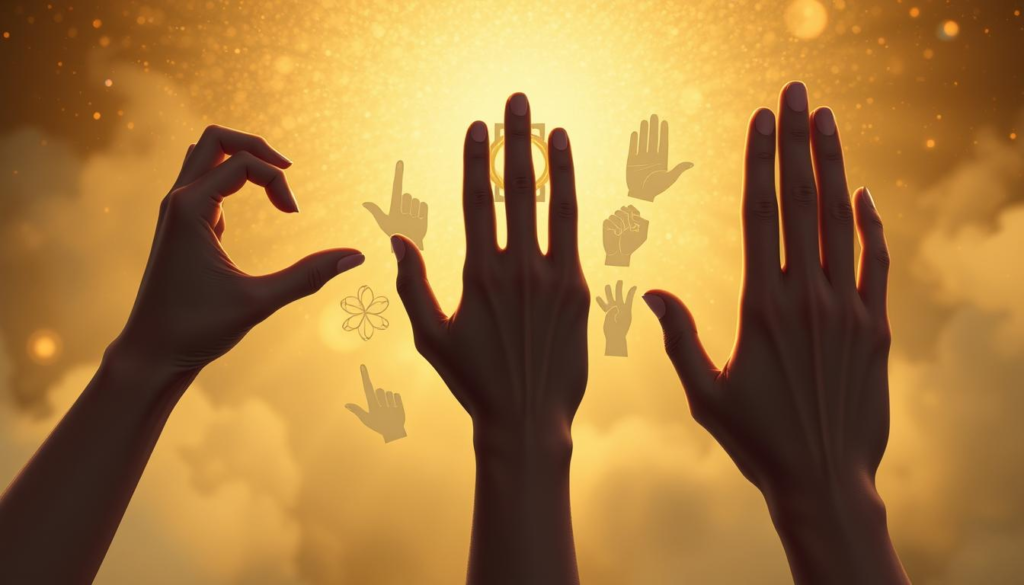 Create an artistic illustration depicting various hand shapes and their meanings, emphasizing a harmonious blend of gestures symbolizing love and destiny. In the foreground, showcase beautifully detailed hands with distinct shapes: a heart-shaped hand, a square-shaped hand, and a long fingers hand, each portrayed in a gentle, flowing pose. In the middle ground, include faint outlines or shadowy illustrations of different symbols associated with love and destiny, subtly intertwined with the hands. The background should feature a mistical celestial light, bathing the entire scene in a soft focus golden aura, enhancing the serene and introspective atmosphere. Use soft, diffused lighting to create depth, with an emphasis on symmetry and clarity, capturing the essence of connection and explanation without any text or distractions.