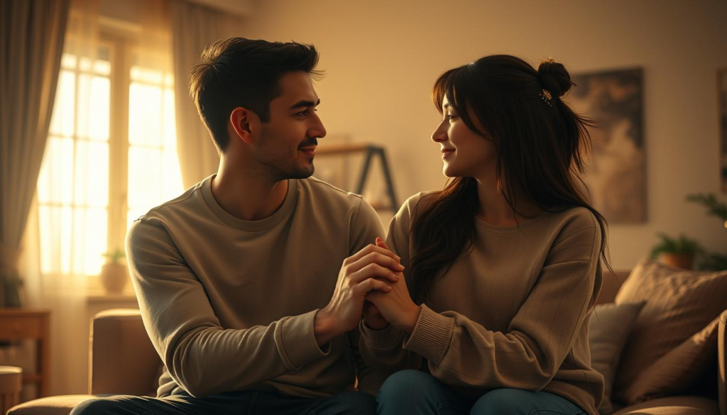 In a softly illuminated intimate setting, two figures sit closely together, embodying emotional connection. In the foreground, a man and a woman, dressed in modest casual clothing, share a gentle gaze, their expressions filled with warmth and understanding. Their hands are intertwined, symbolizing deep bonding. The middle ground features a cozy living room with warm wooden accents and plush furnishings, radiating a welcoming atmosphere. The background shows a window with ethereal misty sunlight filtering through, casting a mystical golden aura around the scene. The overall mood is serene and romantic, captured in soft focus and symmetrical composition, evoking a sense of safety and trust in their emotional intimacy. In a softly illuminated intimate setting, two figures sit closely together, embodying emotional connection. In the foreground, a man and a woman, dressed in modest casual clothing, share a gentle gaze, their expressions filled with warmth and understanding. Their hands are intertwined, symbolizing deep bonding. The middle ground features a cozy living room with warm wooden accents and plush furnishings, radiating a welcoming atmosphere. The background shows a window with ethereal misty sunlight filtering through, casting a mystical golden aura around the scene. The overall mood is serene and romantic, captured in soft focus and symmetrical composition, evoking a sense of safety and trust in their emotional intimacy.