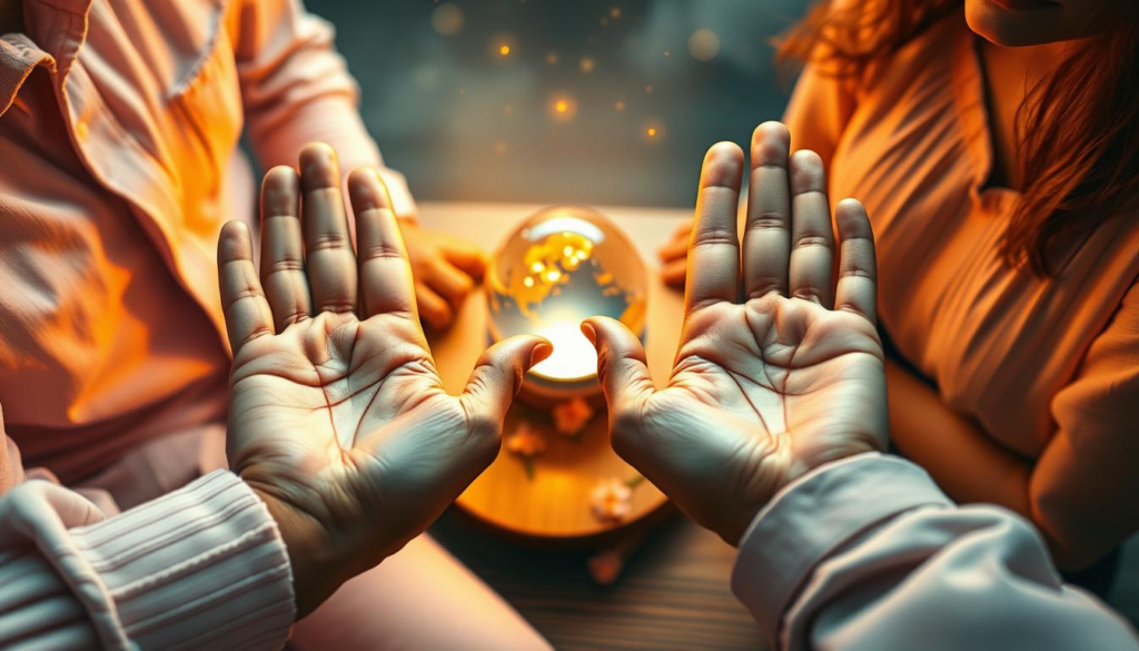 Palmistry love illustrated with a detailed focus on a pair of hands engaged in palm reading. The foreground captures the hands of a diverse couple, casually dressed in soft pastel colors, with their palms facing each other, showcasing the intricate lines and patterns of palmistry. In the middle background, a softly glowing crystal ball sits on a wooden table adorned with delicate flowers, emanating a mystical celestial light. Subtle, golden aura illuminates the scene, enhancing the magical atmosphere. The background features a softly blurred, ethereal landscape of stars and wisps of clouds. The lighting is warm and inviting, conveying a sense of intimacy and connection. The lens captures the composition in a slight overhead angle, inviting viewers to engage with the enchanting art of palm reading while reflecting deep emotional bonds. Palmistry love illustrated with a detailed focus on a pair of hands engaged in palm reading. The foreground captures the hands of a diverse couple, casually dressed in soft pastel colors, with their palms facing each other, showcasing the intricate lines and patterns of palmistry. In the middle background, a softly glowing crystal ball sits on a wooden table adorned with delicate flowers, emanating a mystical celestial light. Subtle, golden aura illuminates the scene, enhancing the magical atmosphere. The background features a softly blurred, ethereal landscape of stars and wisps of clouds. The lighting is warm and inviting, conveying a sense of intimacy and connection. The lens captures the composition in a slight overhead angle, inviting viewers to engage with the enchanting art of palm reading while reflecting deep emotional bonds.