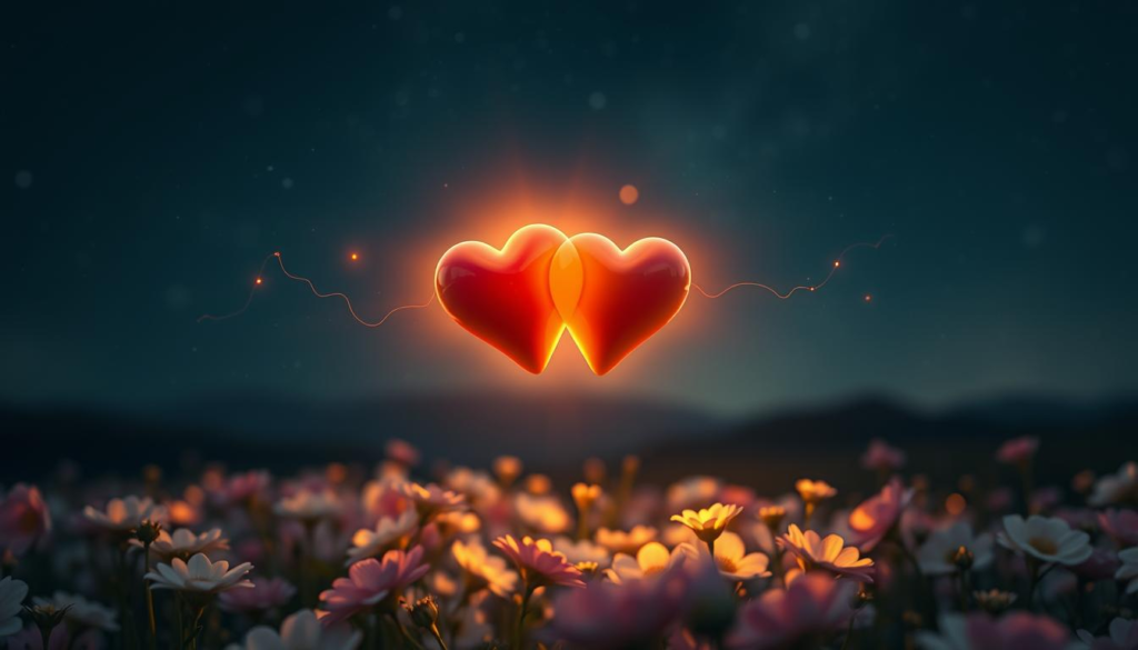 Two intertwined hearts float gracefully in the foreground, radiating a soft, golden aura. Surrounding them are delicate, ethereal wisps of mist that hint at the essence of love and connection. In the middle ground, a serene landscape of softly glowing flowers in pastel shades creates a dreamy atmosphere, symbolizing emotional alignment. The background features a tranquil starry night sky, with shimmering constellations twinkling softly, evoking a sense of wonder and depth in love. The image is captured with a soft focus, applying a gentle lighting that highlights the hearts while blending seamlessly with the surroundings. The overall mood is warm and inviting, celebrating the distinction between true love and infatuation, inviting viewers to reflect on the beauty of genuine emotional connections.